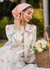 ELEGANT BLOSSOM DIGITAL PRINT ONE PIECE SILK RUFFLE DRESS CREAM WHITE & PINK