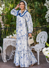 BLUEBIRD BLOSSOM VINTAGE SOFTÉ CAMBRIC DRESS WHITE WITH BLUE PRINT