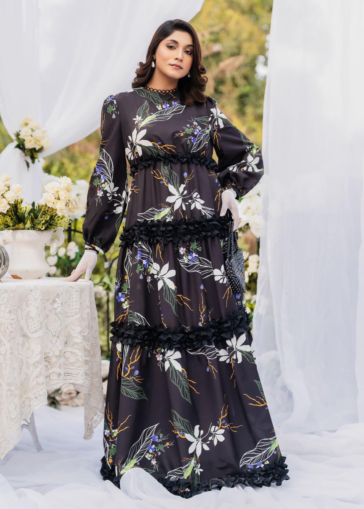 MIDNIGHT BLOOM TIERED SOFTÉ CAMBRIC DIGITAL PRINT DRESS BLACK