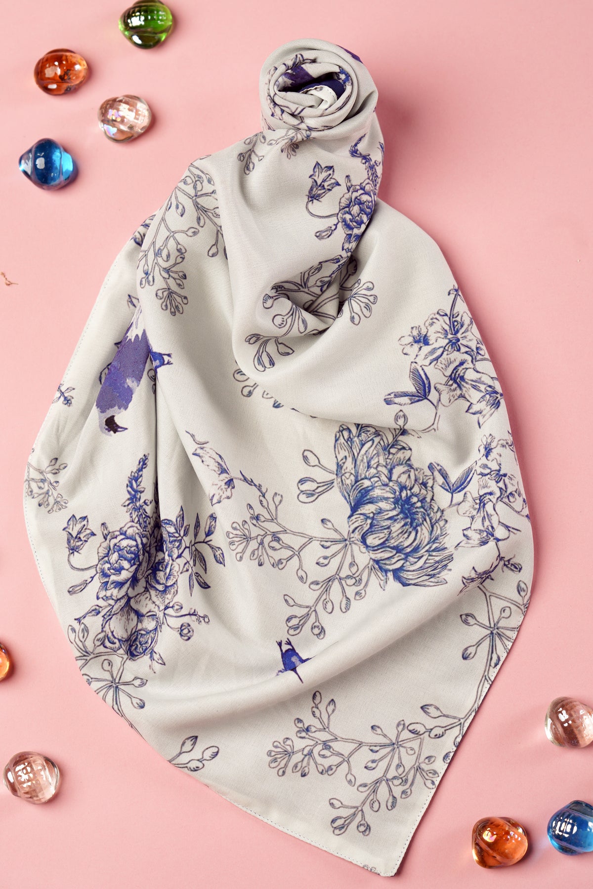 Blue Blossom Elegance Floral Printed Scarf